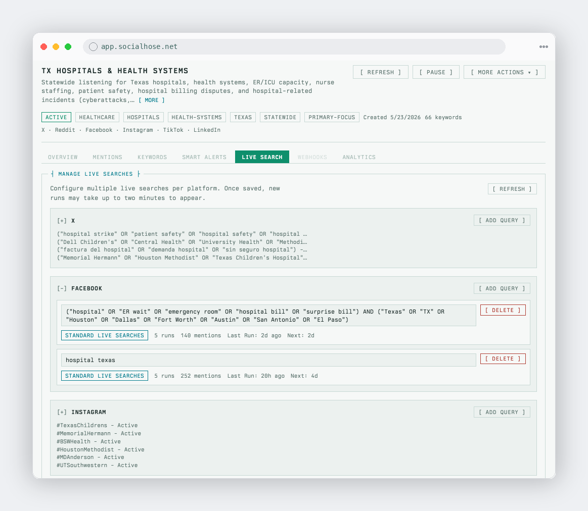 Configuración de una Búsqueda en vivo de Socialhose con los controles de consulta propios de cada fuente
